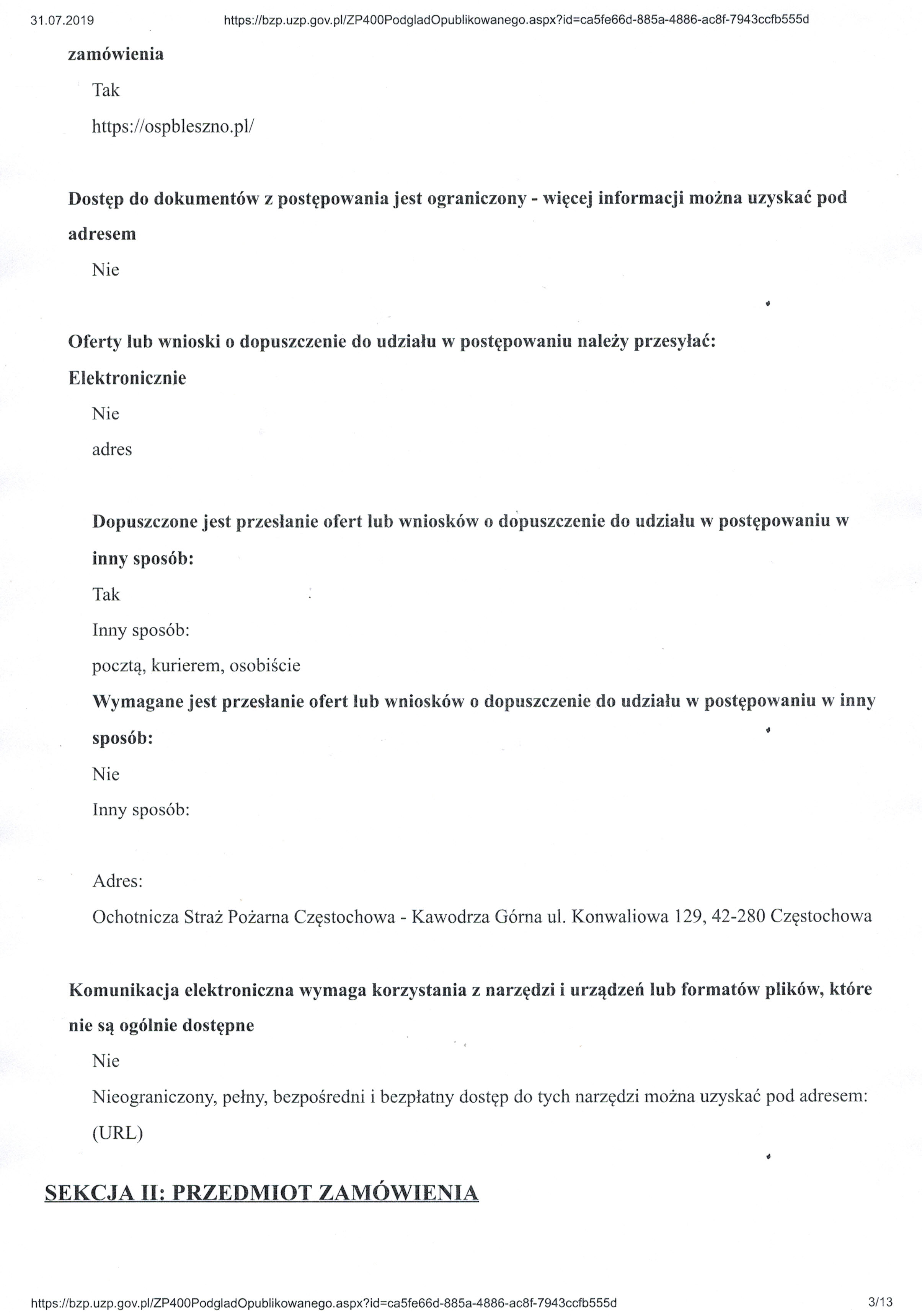 Przetargi Ochotnicza Stra Po arna Cz stochowa B eszno